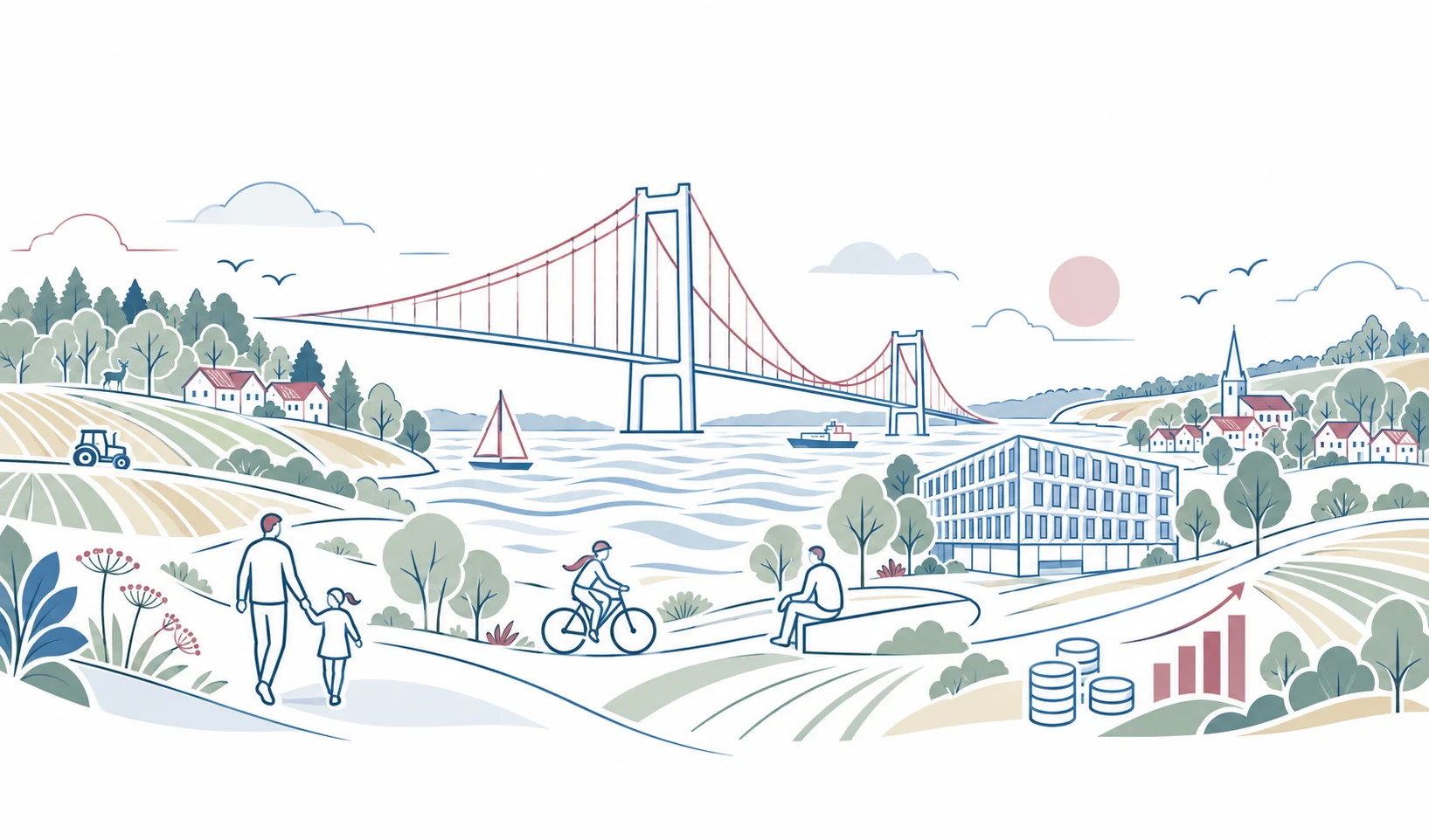 Illustration af Middelfart med Lillebæltsbroen, landskab, cyklist, familie og byliv